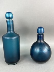 2 Blue Venini Murano Lidded Bottles