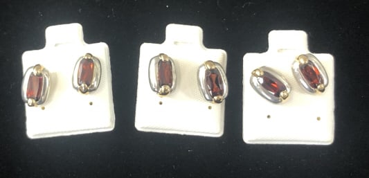 3 Pairs Garnet Earrings 18KT and SS