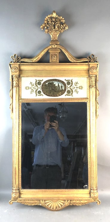 Federal Style Giltwood Trumeau Mirror: Federal Style Giltwood Trumeau Mirror 51"h x 23 1/3"w Condition: Some chips to gilt.