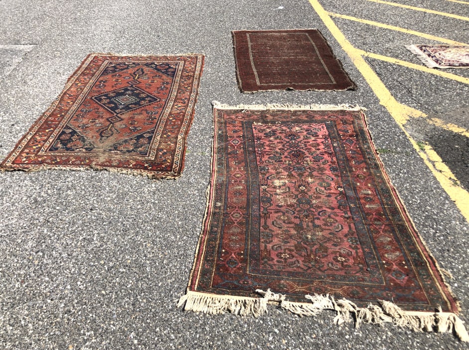 3 Antique Persian Rugs: 3 Antique Persian Rugs 1st 6' 4" x 3' 7" 2nd 5' 8" x 3' 5" 3rd 4' 11" x 3' 1" Condition: Loss of pile, very worn.