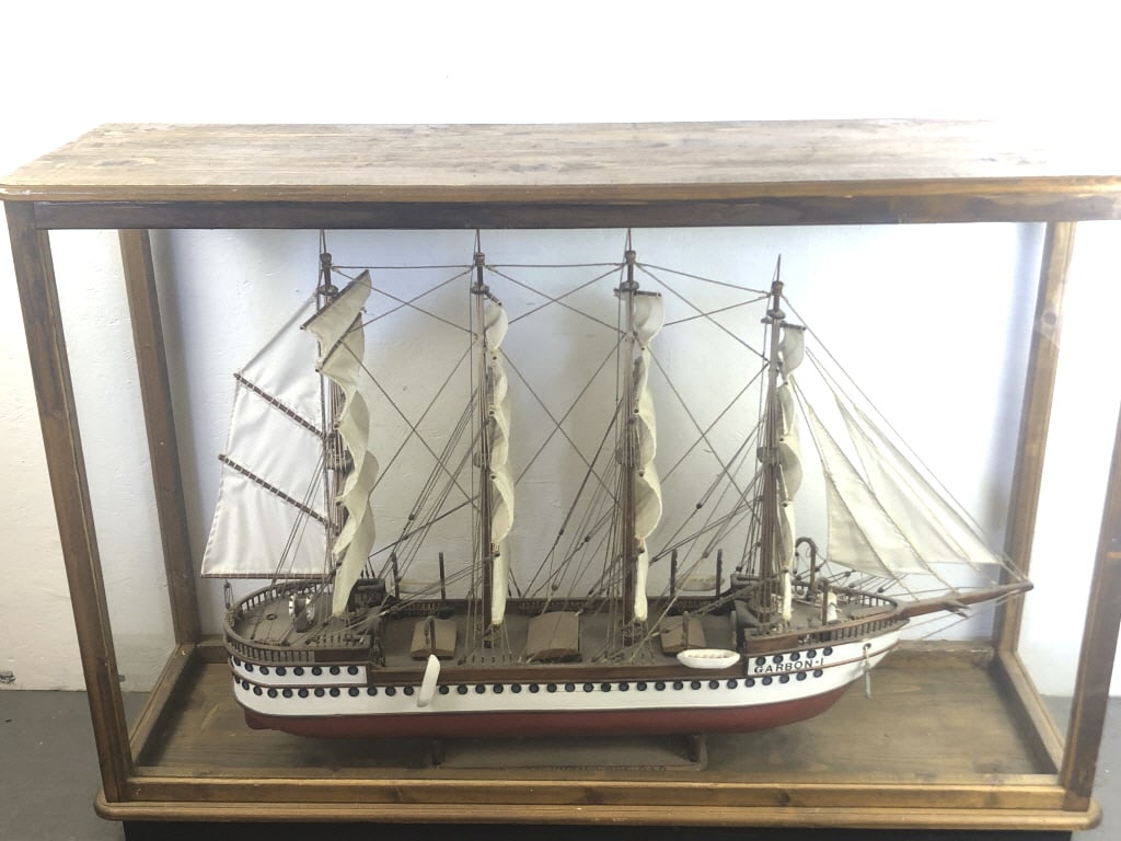 Tall Ship Model in Case - Garbon-1: Tall Ship Model in Case -Garbon-1. 40 1/2"h x 59"w x 17"dCondition: Needs cleaning, some scratch and scuffs to case