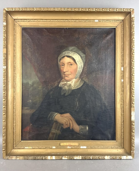 O'Neill, 19th C Portrait of Lady: 19th C Portrait of Lady, "O'Neill" plaque on frame. Oil on canvas Sight: 30 1/2"h x 25 1/4"w Condition: Overall wear, some patches, somerestorations, and gesso loss.