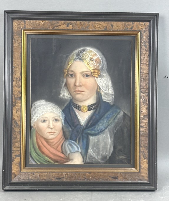 19th C Pastel Portrait of Mother and Child: 19th C Pastel Portrait of Mother and Child. Sight: 16"h x 13"w Condition: Some tears.