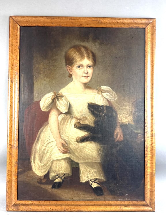 19th C. Painting of Girl with Dog. (1 of 6)