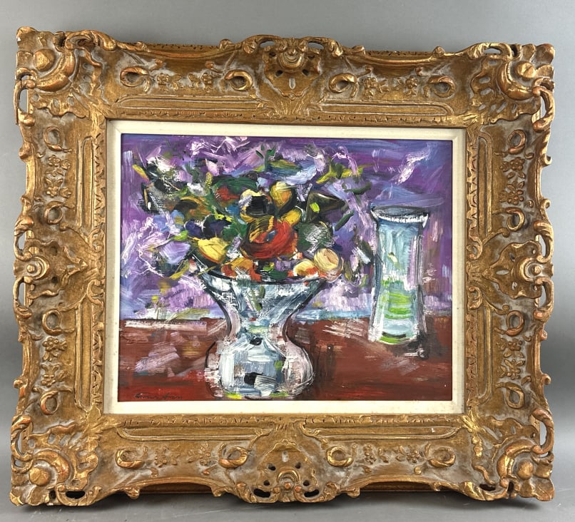 Carton - Still Life of Flowers in Vase: Still Life of Flowers in Vase. Oil on canvas on board, signed Carton (LL & Verso) Sight: 19 1/2"h x 15 1/2"w Condition: Scratches, scuffs, cracks, wear to frame, some stains to fabric part of frame; s