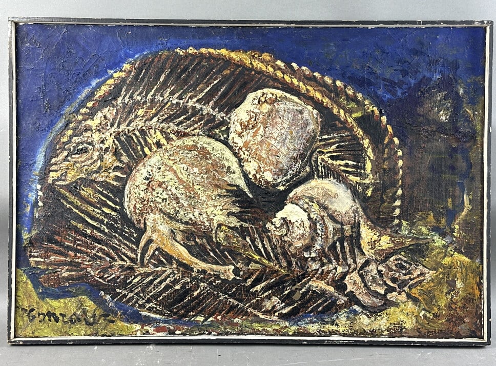 Xavier Gonzalez - Fish and Shells: Xavier Gonzalez - Fish and Shell. Oil on canvas, signed (LL) Overall: 30 3/4"h x 20 3/4"w Condition: Scratches and scuffs to frame.