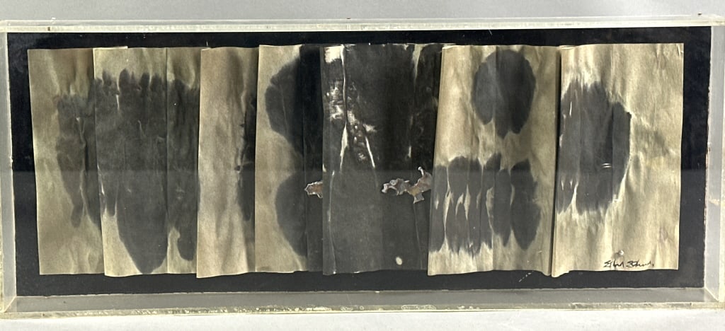 Ethel Edward Abstract Watercolor: Ethel Edward Abstract Watercolor in plexiglass case. Watercolor on paper, signed (LR) Plexiglass: 12 1/4"h x 30 1/2"w x 2 3/4"d Condition: Scratches to plexiglass and needscleaning.