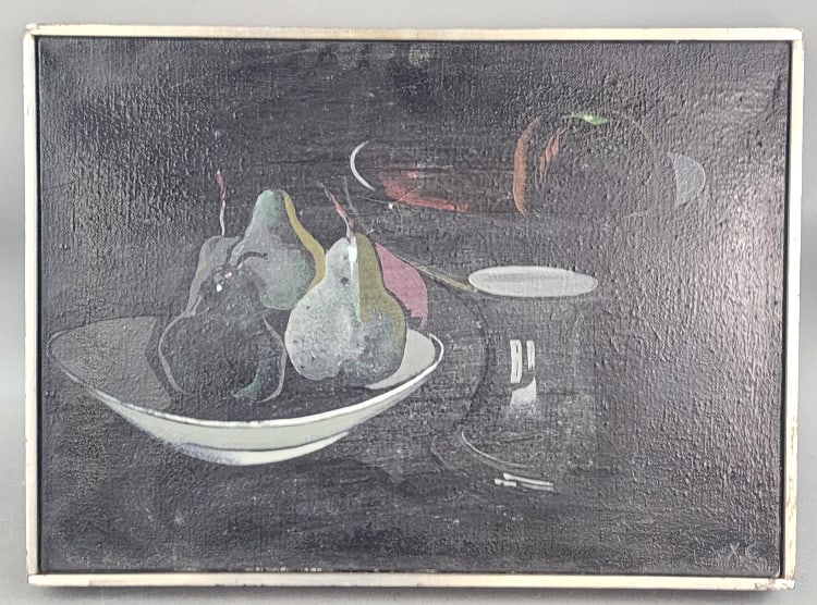 Xavier Gonzalez - Still Life in Black: Xavier Gonzalas Still Life in Black Oil on Canvas signed (LR) Sight: 13"h x 18"w Condition: Needs cleaning, cracks to painting.
