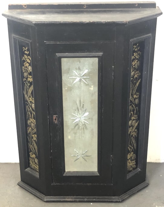 Victorian Black Lacquered Mirrored Hanging Cabinet (1 of 6)