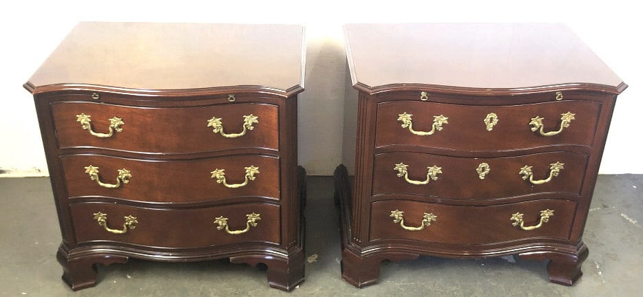 Pair of Kindel Mahogany Nightstands: Pair of Kindel Mahogany Nightstands. 25 3/4"h x 28"w x 19 1/4"d. Condition: Some scratches, scuffs, and water stains to one top.