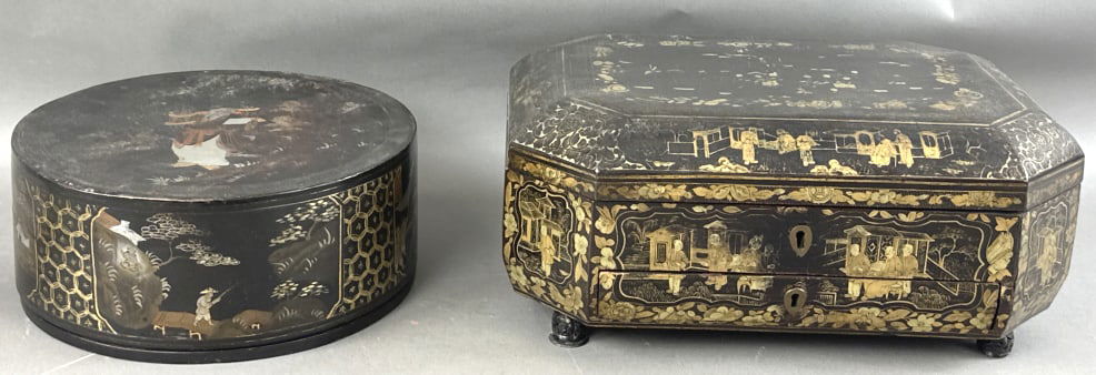 2 Black Lacquered Paint Decorated Boxes (1 of 16)