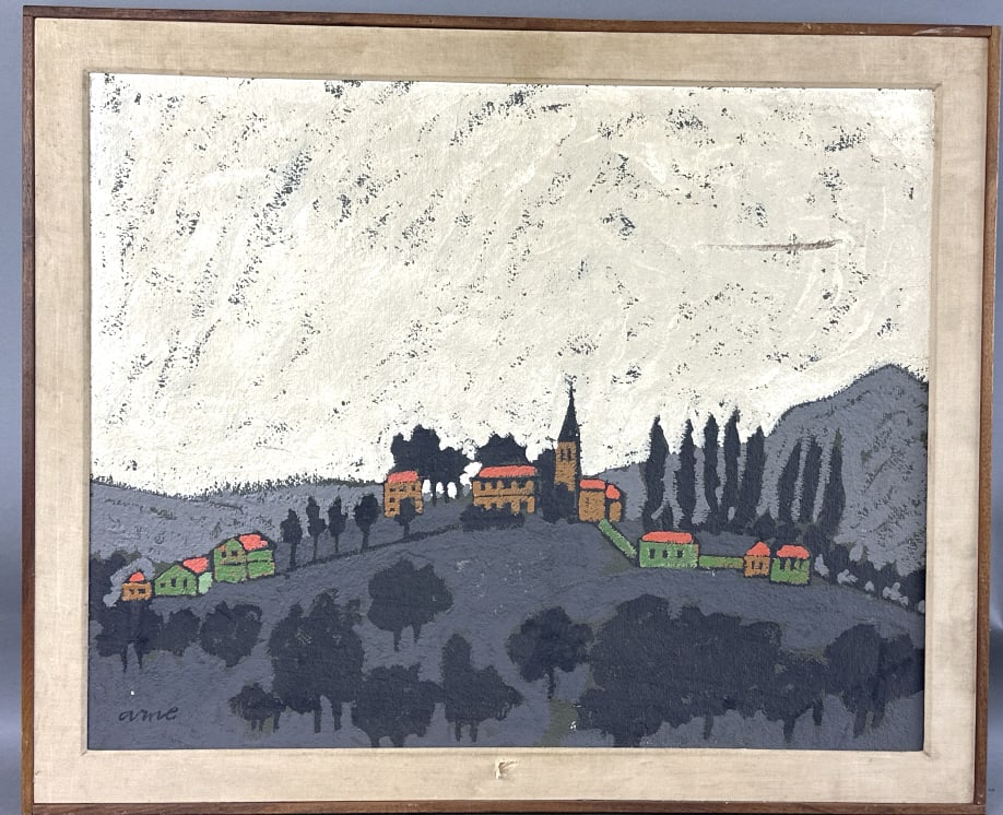 Arne- Houses on the Hill Painting: Arne- Houses on the Hill Painting. Sight: 29 1/4"h x 23 1/4"w Condition: Scratches and scuffs to frame, staining and tear to matting, some scratches and gouges to painting.