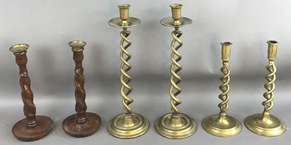 Three Pairs of Candlesticks Including Wood & Brass (1 of 5)