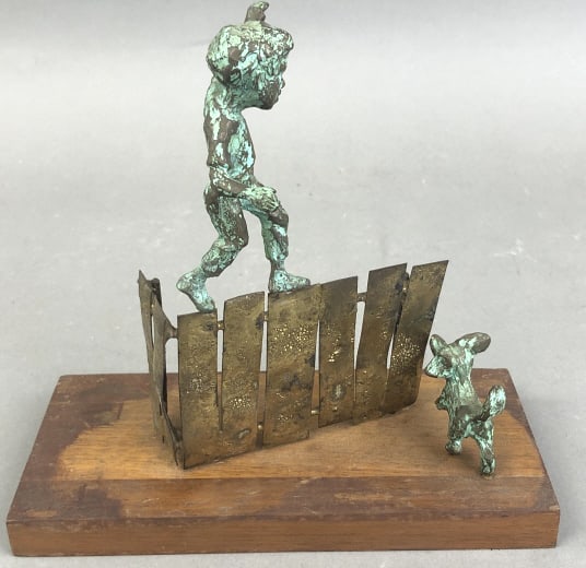Sculpture Boy With Dog: Sculpture Boy With Dog. Possible bronze and copper. 8"h x 8"w x 3 3/4"d Condition: Old patina, some bends to copper.