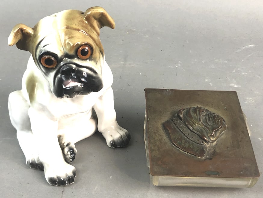 Aroma Porcelain Bulldog w/ Bulldog Cigarette Box: Aroma Porcelain Bulldog w/ Bulldog Cigarette box Aroma bulldog: 6 1/2"h x 5"w x 5 1/2"d Condition: Aroma needs rewiring; cigarette box has broken glass.
