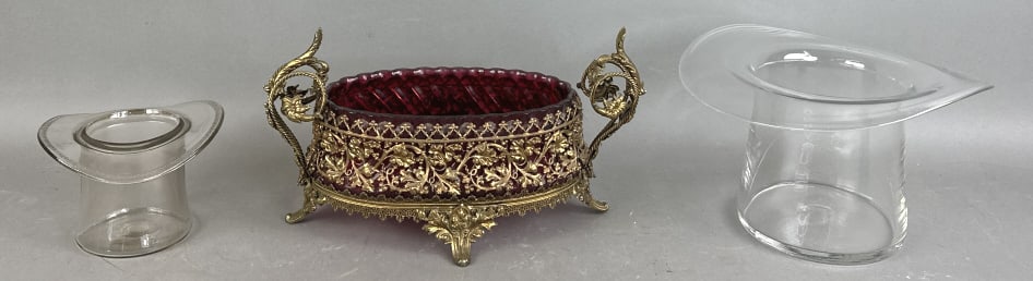 2 Glass Top Hats & Jardiniere with Cranberry Glass (1 of 7)