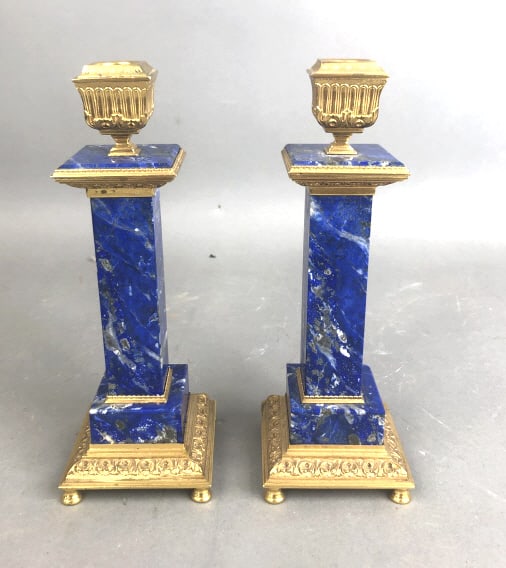 Pair of 800 Silver Vermeil and Lapis Candlesticks: Pair of 800 Silver Vermeil and Lapis Candlesticks 9"h x 3 1/4"w x 3 1/4"d. Condition: Light wear.