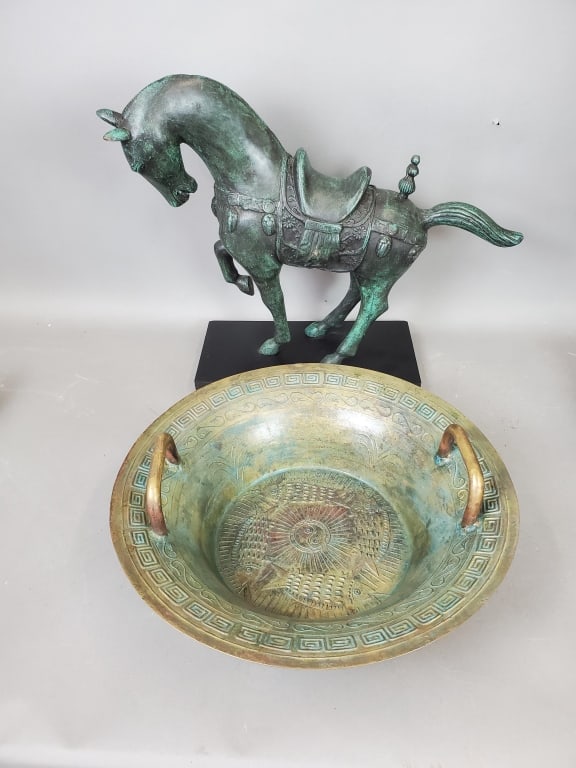 Bronze Horse & Bronze Tibetan Wedding Bowl: Bronze Horse & Bronze Tibetan Wedding Bowl. Horse: 18"h x 24"w x 7"d Bowl: 17 1/4"d x 4"h Condition: Horse has a hole as pictured.