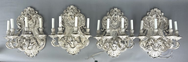 Four Silvered Bronze Louis XIV Style Wall Sconces (1 of 8)