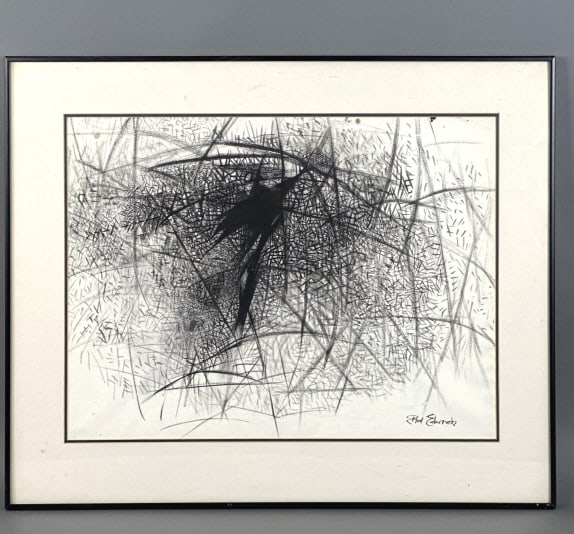 Ethel Edwards - Invisible Forest IX: Ethel Edwards - Invisible Forest IX. Sumi ink on paper, signed (LR) Frame: 23 1/4"h x 28 1/4"w. Sight: 16 1/2" x 22" Condition: Some staining, scratches andscuffs to plexi glass and frame.