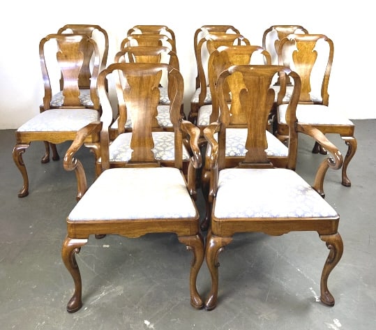 Set of 12 Queen Ann Style Walnut Dining Chairs (1 of 10)