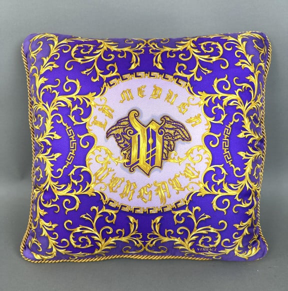 Versace 'La Medusa' Purple Baroque Pillow: Versace 'La Medusa' Purple Baroque Pillow. 100% silk. 14 1/2" square. Condition: Good, minor pull.