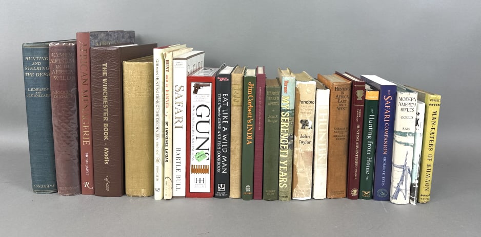 Group of Hunting and Firearm Books: Group of Hunting and Firearm Books. Including the Winchester book, Hunting in Africa East and West, Hunting and Stalking the Deer, etc. 24 books total.Condition: Well read, overall wear, missing jacke