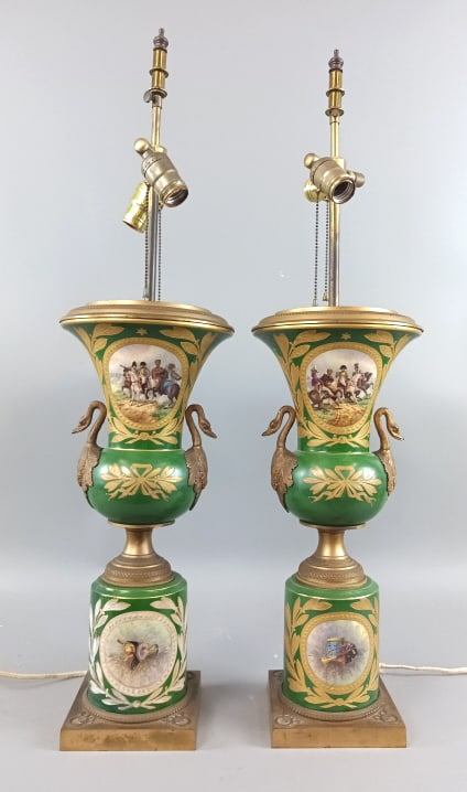 Pair of Napoleon Bronze Mounted Lamps: Pair of Napoleon Bronze Mounted Lamps. In the manner of Sevres. Each with painted cameos depicting Napoleon and officers and instruments and clothing, verso with "N". Bronze mounted swan handles.33" h