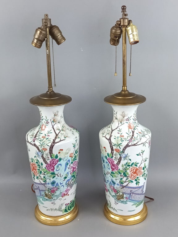 Pair of Chinese Porcelain Vases as Lamps: Pair of Chinese Porcelain Vases as Lamps. 30"h Condition: Repair to rim of one lamp, crack to rim of other; untested, one missing finial.