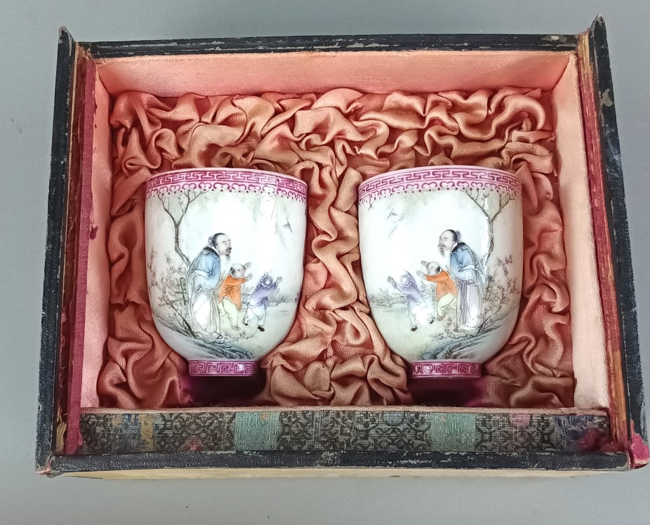 Pair of Boxed, Signed Chinese Porcelain Cups (1 of 6)