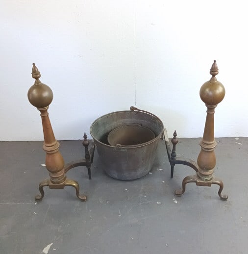 Pair of Brass Andirons With Two Copper Buckets (1 of 4)