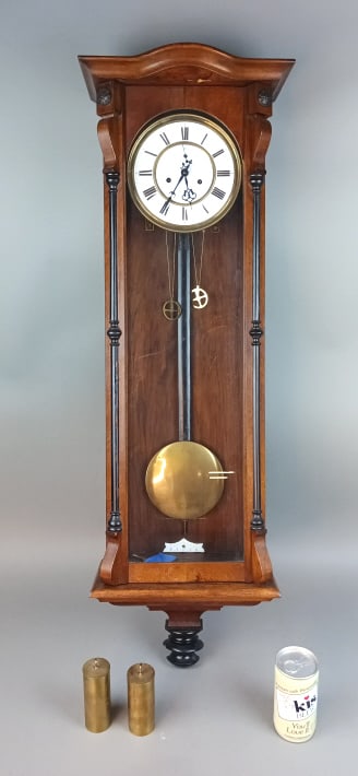 Walnut Regulator Clock: Walnut Regulator Clock. 41"h x 13"w x 6 1/2"d. Condition: Untested, some chipped veneer, some cracks to base