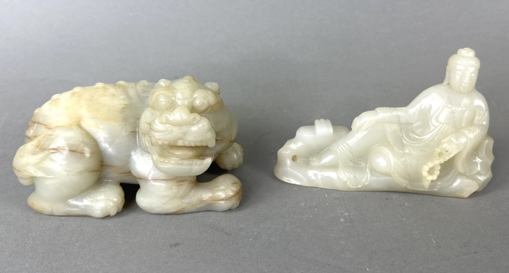 Jade Guanyin & Jade Foo Lion / Dog: Jade Guanyin & Jade Foo Lion / Dog. Foo lion is 3"h x 5 1/2"w x 3 1/2"d. Condition: Minor wear