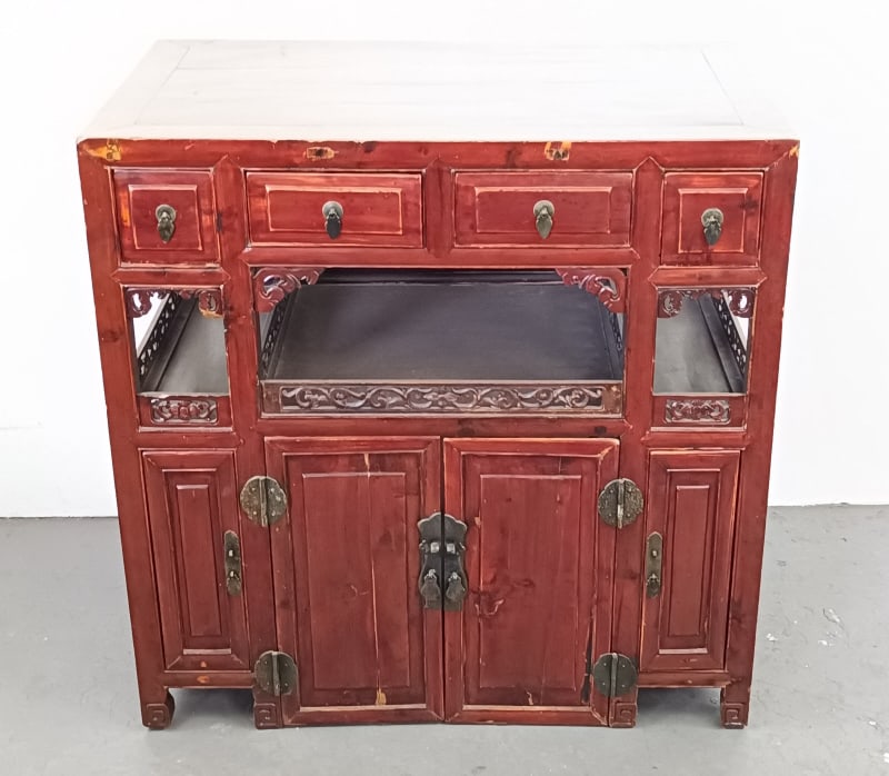 Asian Stained Wood Cabinet: Asian Stained Wood Cabinet. 32 1/2"h x 32"w x 19 3/4"d Condition: Overall wear, scratches, scuffs and old restorations.