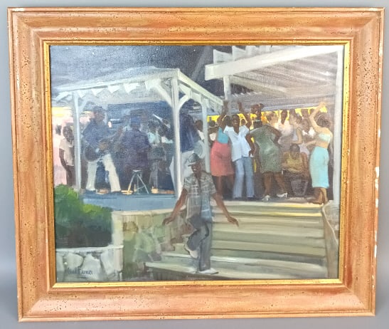 Chad Florence Saturday Night Dance Painting: Chad Florence Saturday Night Dance Painting. Oil on canvas signed (LL). Sight: 19 1/2"h x 23 1/2"w Condition: Some scratches and scuffs to frame.