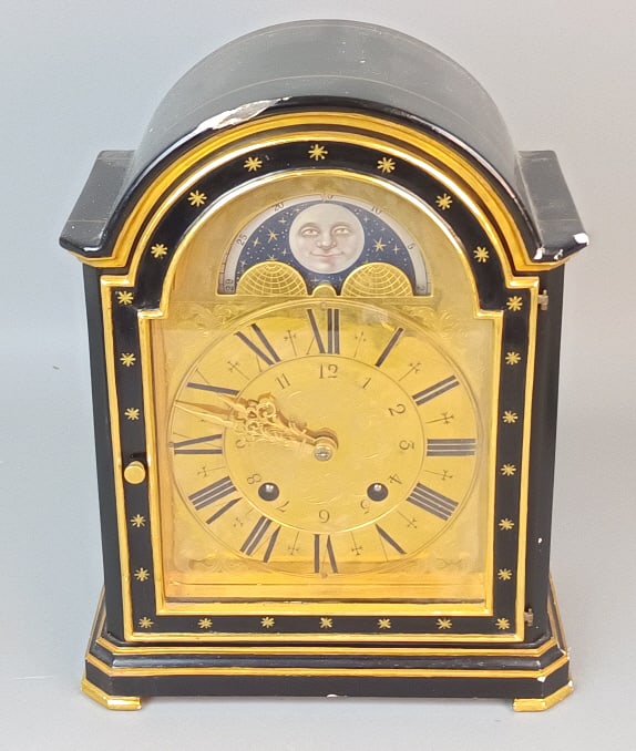Black Lacquered & Gilt Wood Moon Face Mantel Clock (1 of 5)