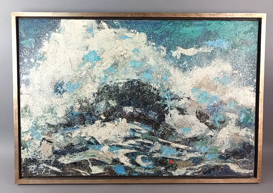 Seascape Oil on Canvas: Painting of Seascape . Oil on canvas signed PLT, 73. Sight: 24"h x 36"w Condition: Some wear to frame.