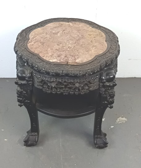 Chinese Carved Hardwood & Marble Side Table (1 of 4)
