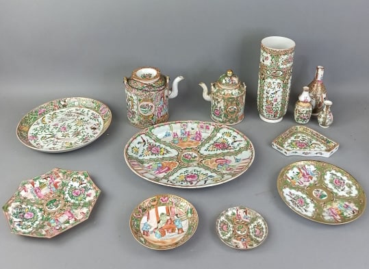 Group of Chinese Rose Medallion Porcelain: Group of Chinese Rose Medallion Porcelain . Approx. 13 items. Tallest: 10"h Condition: Some chips, cracks and one teapot mount broken.