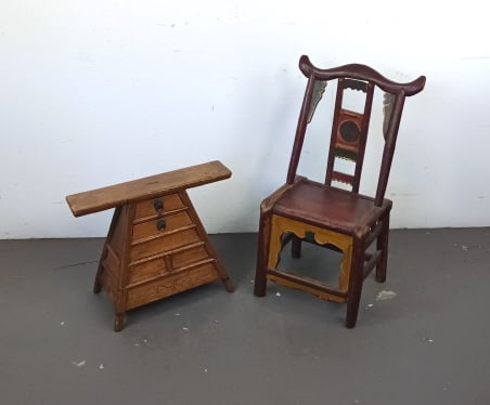 Chinese Child's Chair: Chinese Child's Chair together with bench. Chair: 31"h x 15 1/2"w x 13"d. Condition: Overall wear, scratches and scuffs