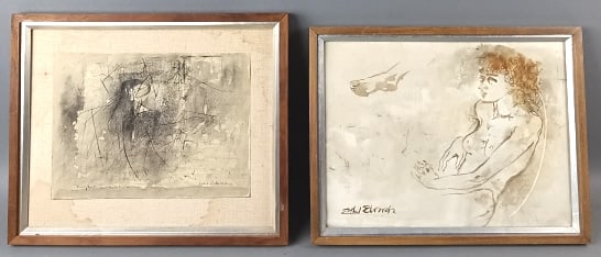 Two Ethel Edwards Watercolors: 2 Ethel Edwards Watercolors. One abstract and one nude. Abstract overall: 13 1/2"h x 17 1/2"w Condition: Some stains to matting on abstract.