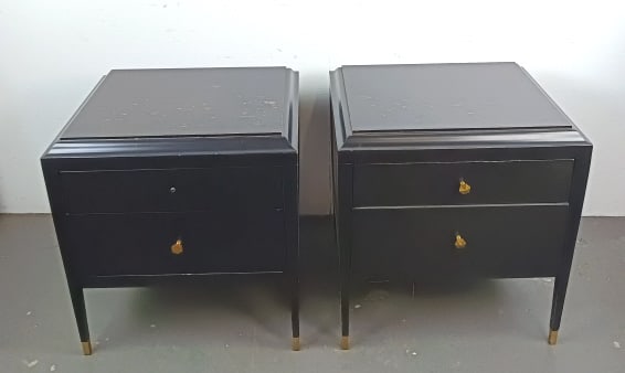 Pair of Alexa Hampton Black Laquered Chests: Pair of Alexa Hampton Black Lacquered Chests. Manufactured by Hickory Chair. 28 1/2"h x 26"w x 22"d. Condition: Missing handle, worn finish to the top, scratches and scuffs.