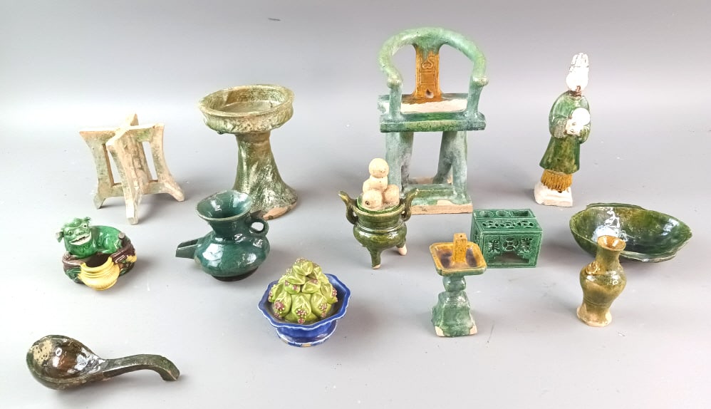 Group of Asian Green Glaze Ceramics: Group of Asian Green Glaze Ceramics 13 items. Tallest: 8"h Condition: Some chips.
