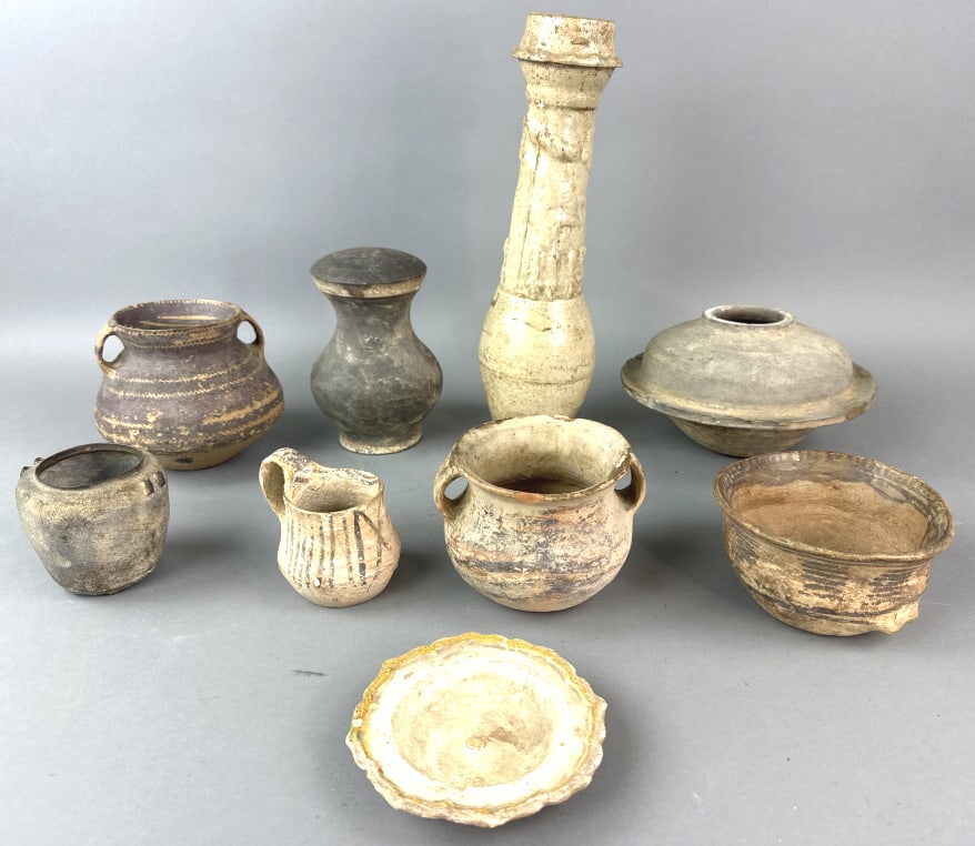 Group of Asian Clay Articles: Group of Asian Clay Articles. Approx 8 pieces. Tallest: 13"h Condition: Overall wear, chips, nicks, fading, scratches, scuff and loss of paint or glaze.