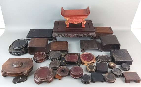 Group of Chinese Stands: Group of Chinese Stands. Approximately 30 Largest: 5 1/4"h x 15 1/2"w x 9 1/4"d Condition: Overall wear.