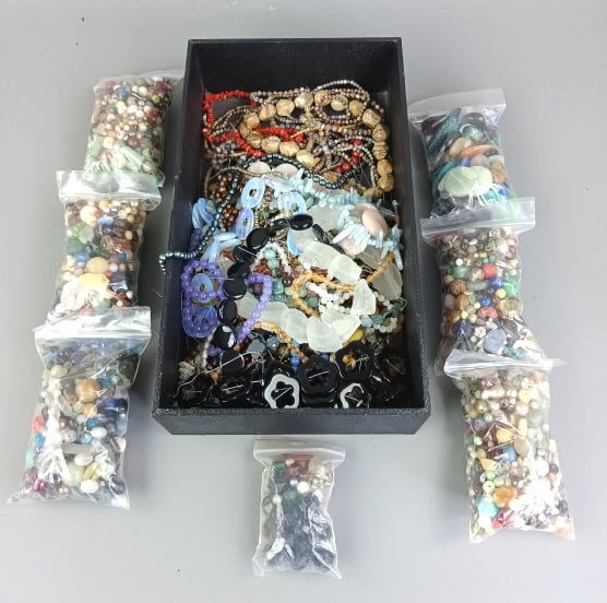 Appox.13LB of Beads Many Stone and Glass: Approx.13LB of Beads Many Stone and Glass among others. Condition: As is, as found.