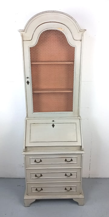 Grey Painted Bureau Bookcase: Grey Painted Bureau Bookcase. 72 1/2"h x 23 1/2"w x 14 1/2"d. Condition: Some loss of veneer, scratches and scuffs..