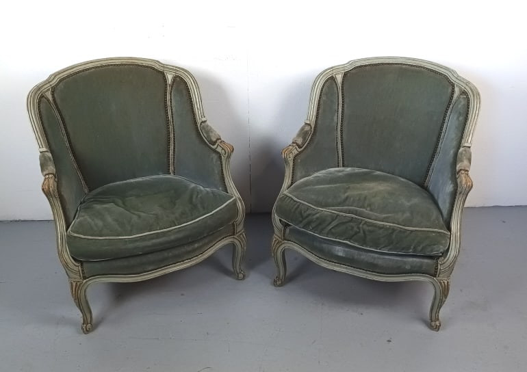 Pair of Louis XV Style Green Upholstered Bergere (1 of 4)