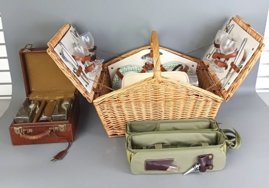 Picnic Basket Together With Drink Case: Picnic Basket Together With Drink Case. Larger: 17"h x 21"w x 15"d Condition: Needs cleaning and some wear to leather.