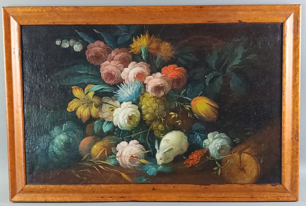 19th C. Still Life Oil on Canvas: 19th C. Still Life oil on canvas. Sight 20"h x 32"w Condition: Relined.